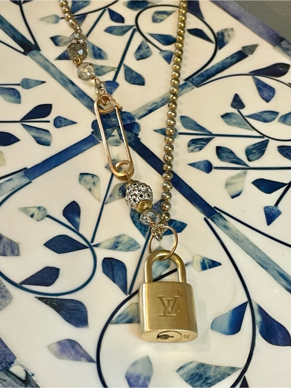 LOUIS VUITTON~RARE & UNIQUE 39" LV LOCK 311, Brass-Tone, Crystal Decor Necklace